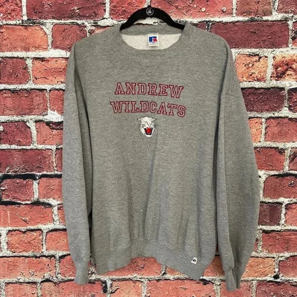 Vintage Crew Neck Sweater Russell Athletic XL Made in USA Andrew Wildcats Gray 9